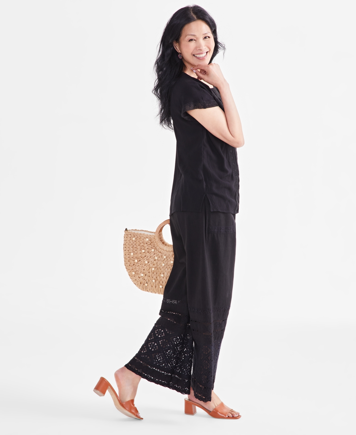 Style & Co Women's Round-Neck Crochet-Trim Dolman Top, Created for Macy's