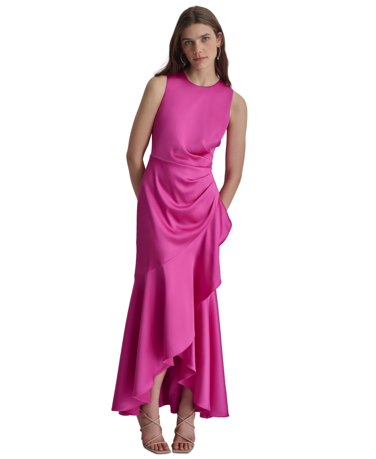 Women's Satin Ruched Ruffled Gown - Power Pink