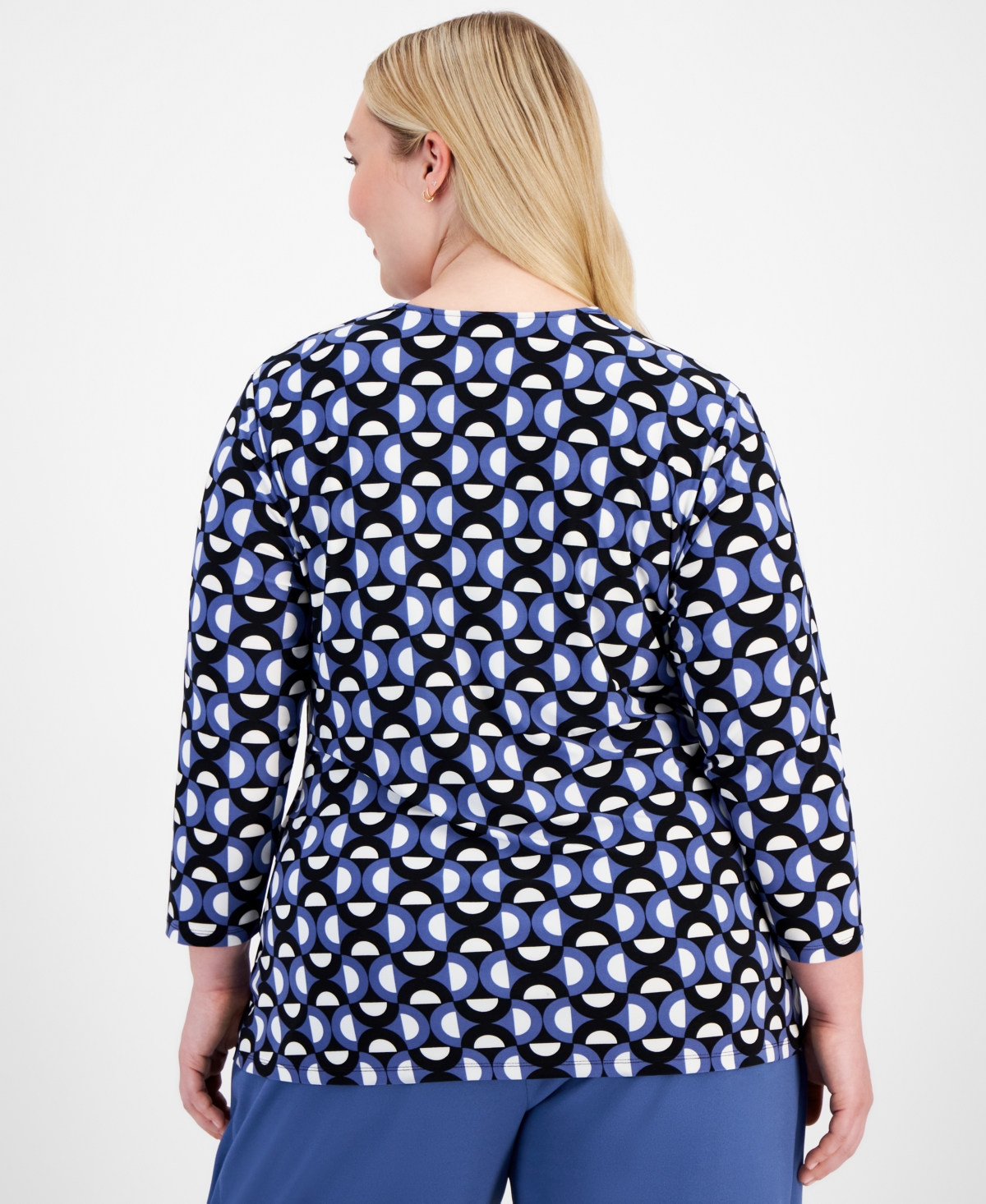Anne Klein Plus Size Printed Side-Tie 3/4-Sleeve Top -Anne Black