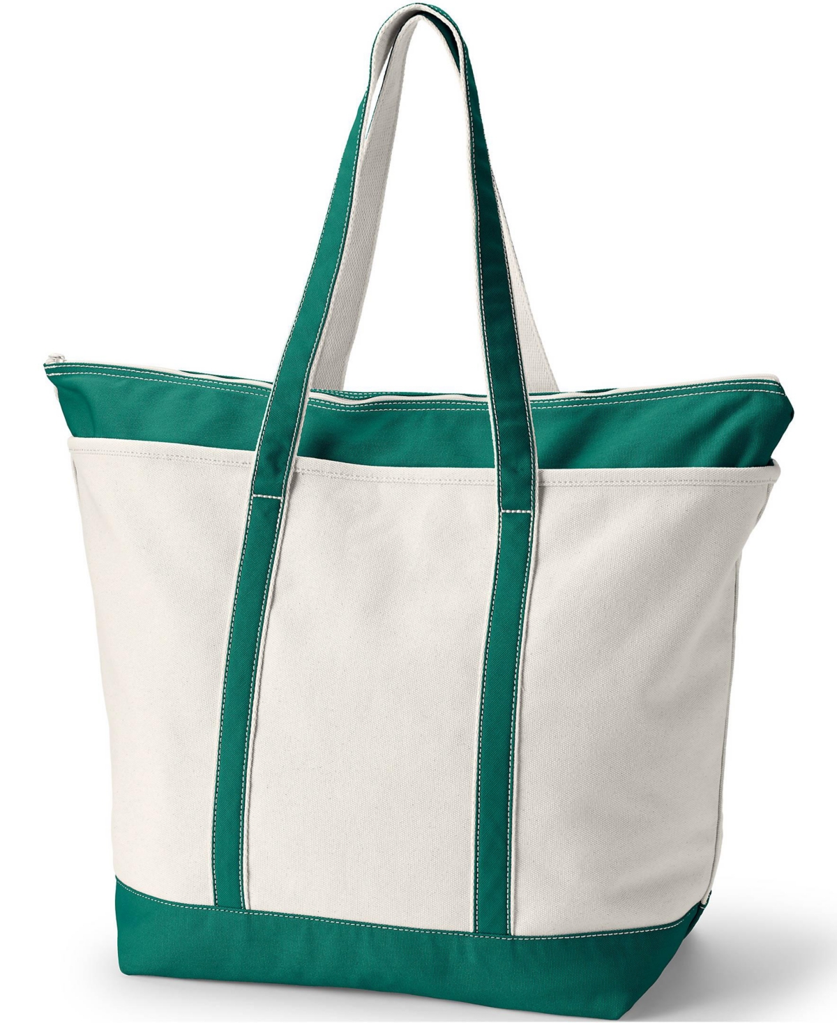 Lands' End Extra Large5 Pocket Zip Top Long Handle Canvas Tote Bag - Natural/bright spruce