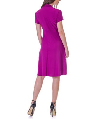 Short Sleeve Knee Length V Neck Rouched Wrap Dress