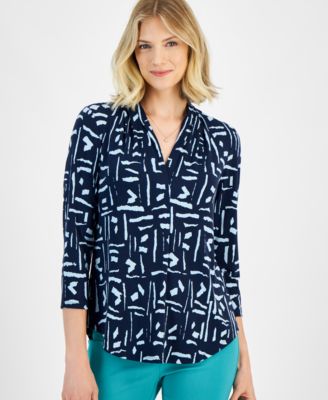 JM Collection - Petite Printed 3/4-Sleeve V-Neck Top