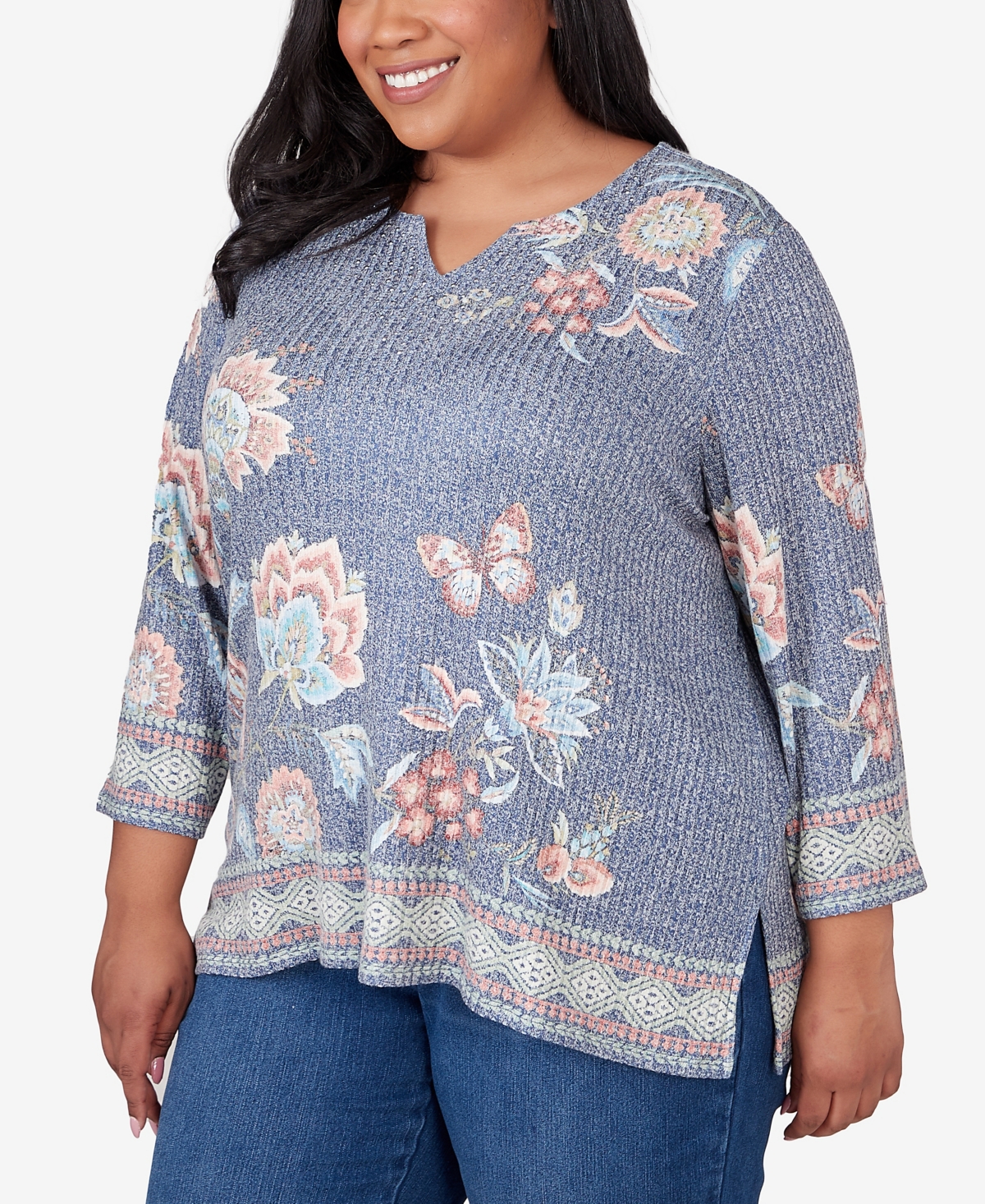 Alfred Dunner Plus Size Scottsdale Floral Border Split Neck Top