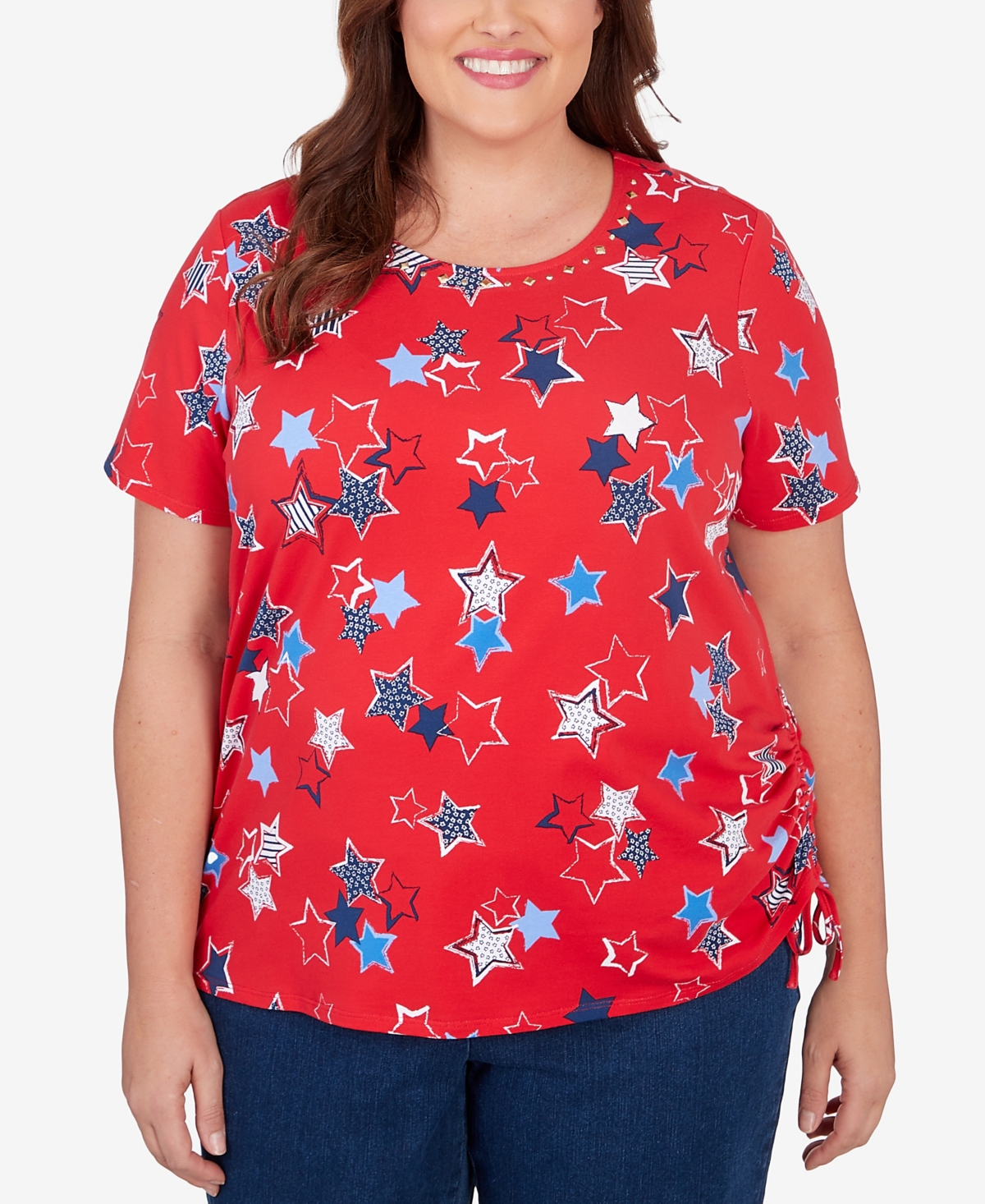 Alfred Dunner Plus Size Stars Side Tie Short Sleeve Tee In Red