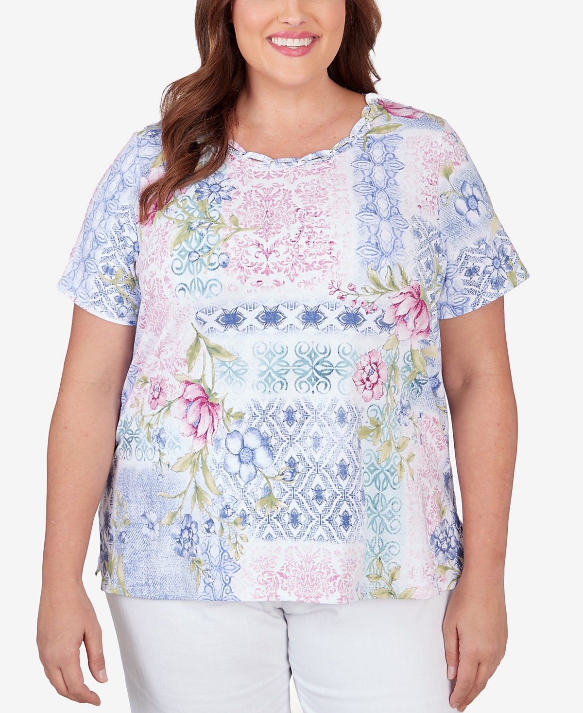 Shop Alfred Dunner Plus Size Patchwork Floral Braided Neck Tee In Pastel