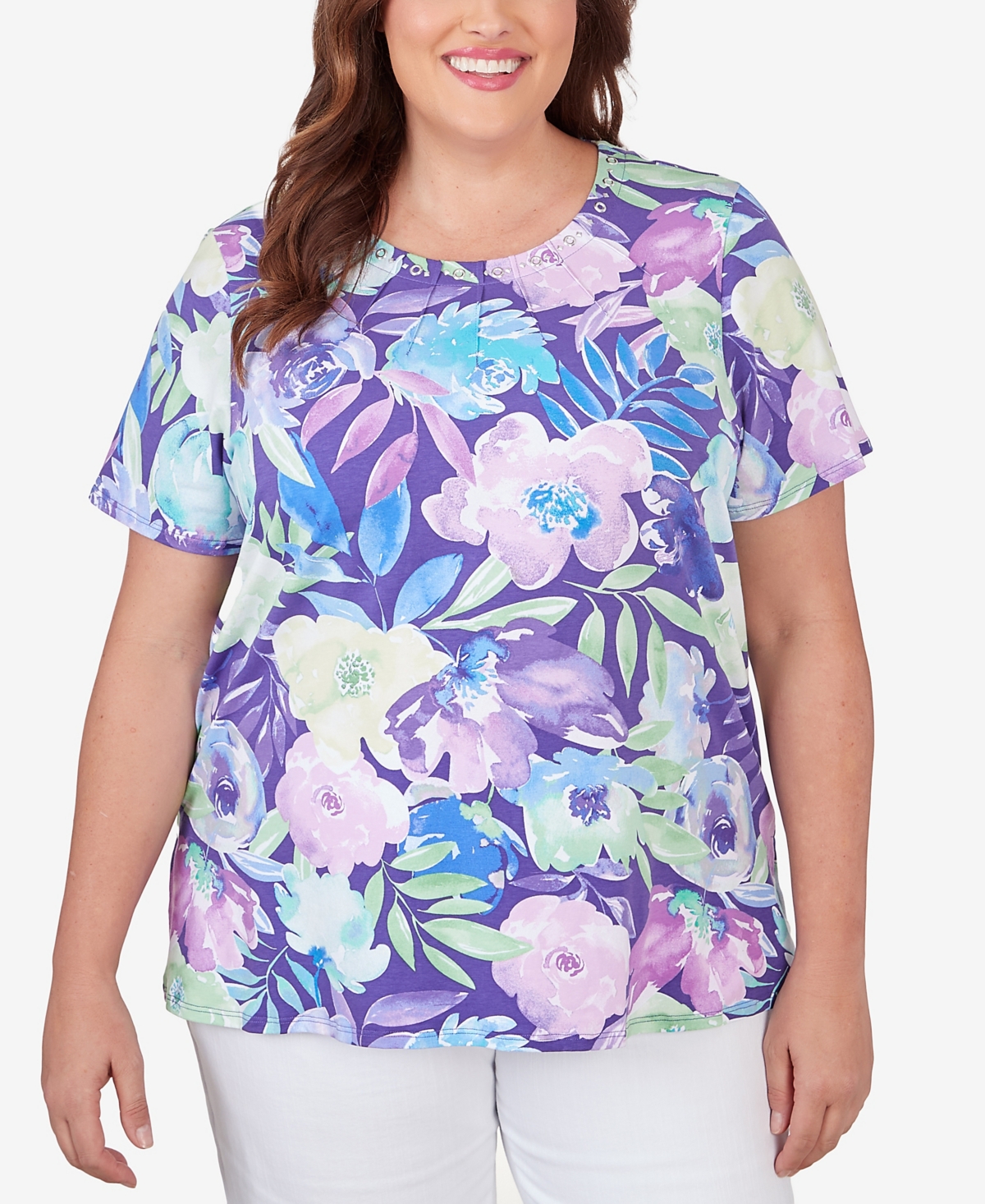 Shop Alfred Dunner Plus Size Pleated Neck Floral Short Sleeve Tee In Bright
