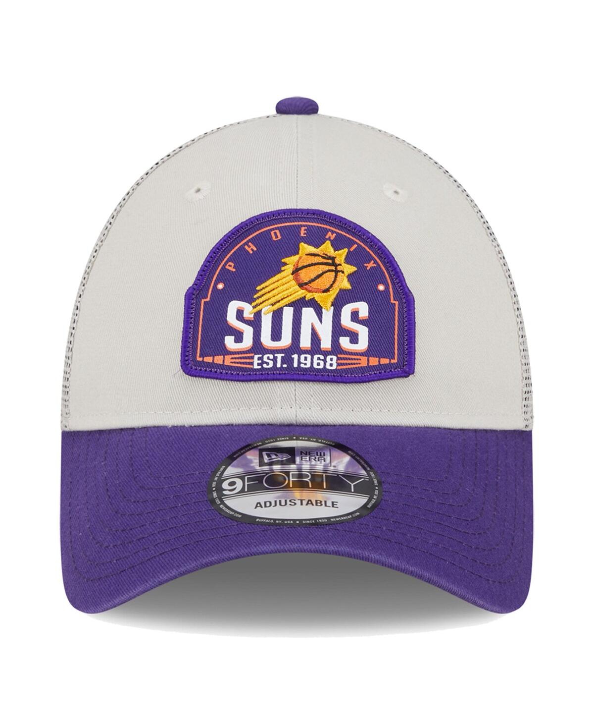 NEW ERA MEN'S KHAKI/PURPLE PHOENIX SUNS THROWBACK PATCH TRUCKER 9FORTY ADJUSTABLE HAT 