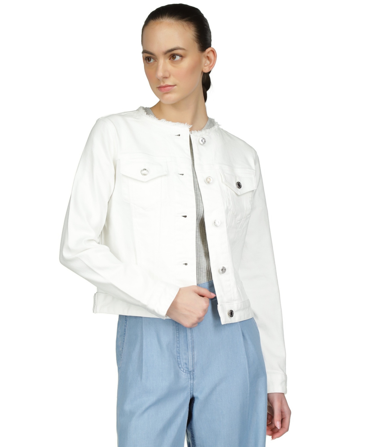 Shop Michael Kors Michael  Women's Frayed Denim Boyfriend Jacket In Optic White