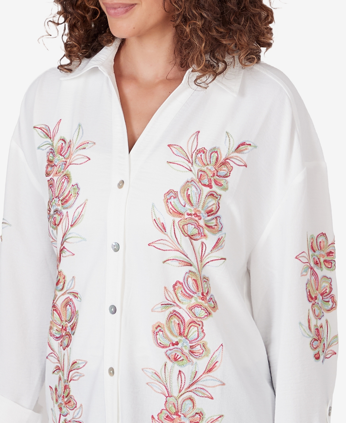 Shop Ruby Rd. Petite Embroidered Crepe Button Front Top In White
