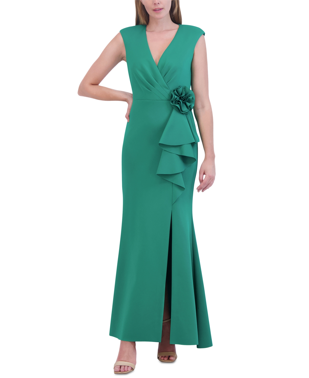Shop Jessica Howard Women's V-neck Cascade Ruffle Gown In Green