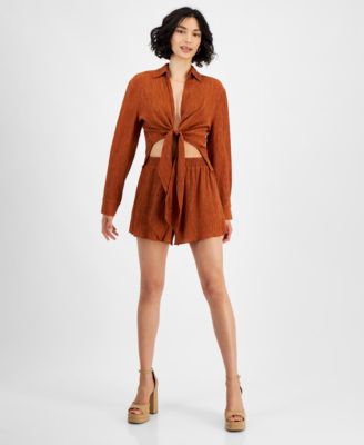 Womens Textured Tie Front Shirt Textured Pull On Shorts Created For Macys