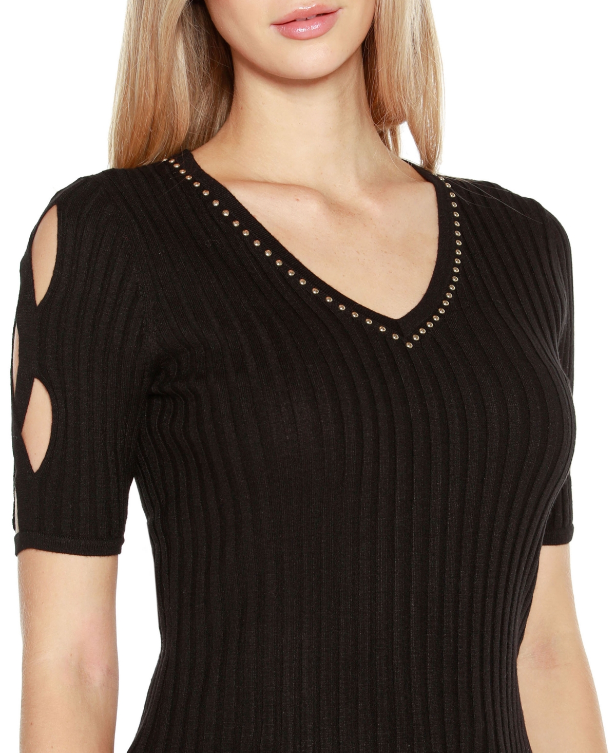Shop Belldini Women's Embellished Criss Cross Sleeve Sweater In Black
