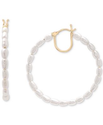 Macy's - Cultured Freshwater Pearl (5 x 2-1/2mm) Medium Hoop Earrings in 10k Gold, 1.3"