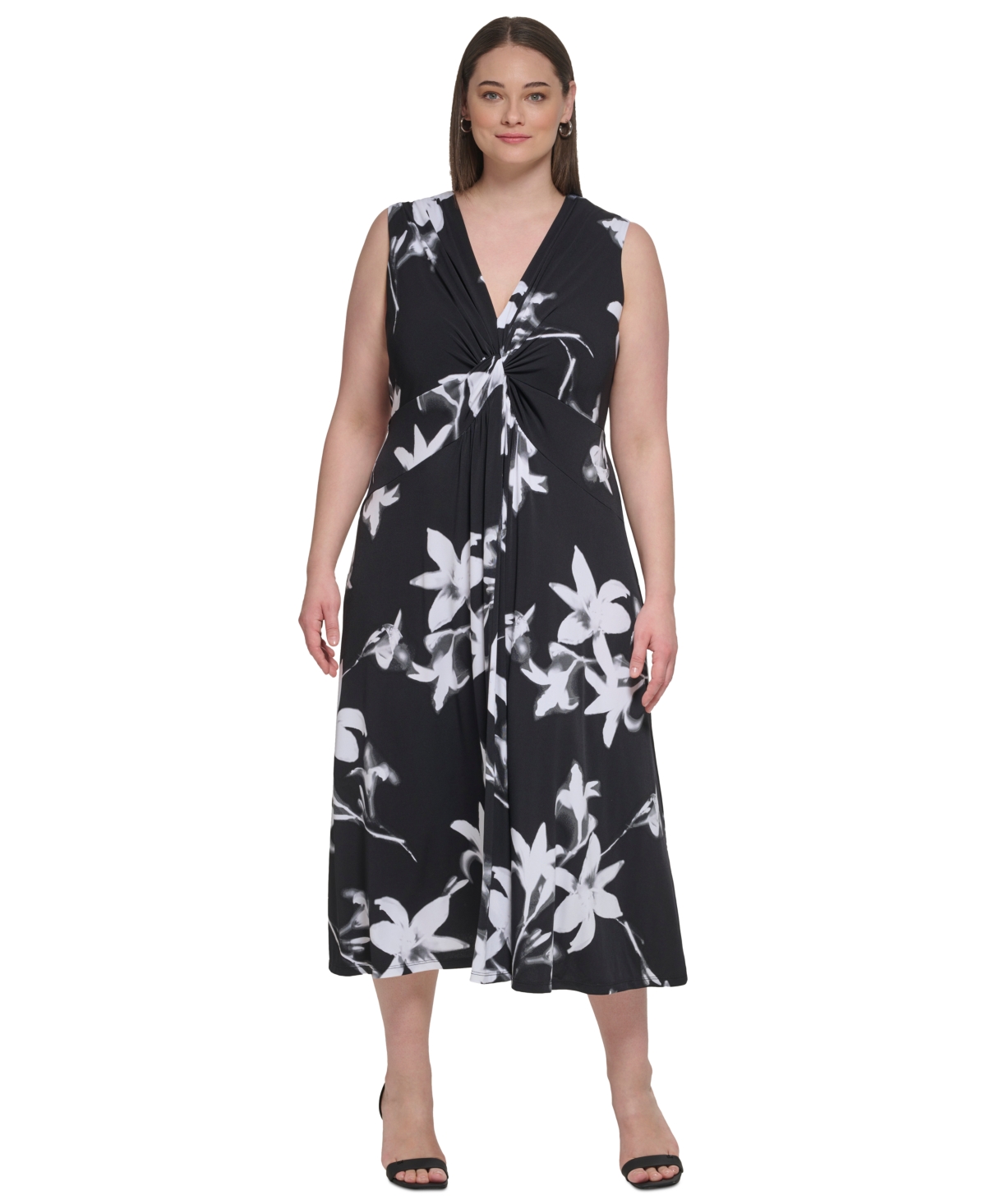 Calvin Klein Plus Size V-neck Jersey Sleeveless A-line Dress In Black Multi