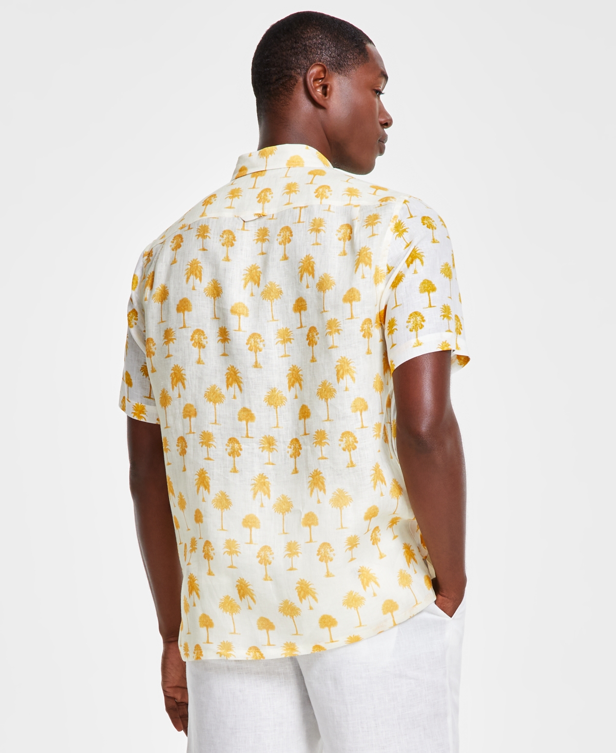 Club Room Men's Morocco Short Sleeve Palm Print Button-front Linen Shirt, Created For Macy's In Golden Glow