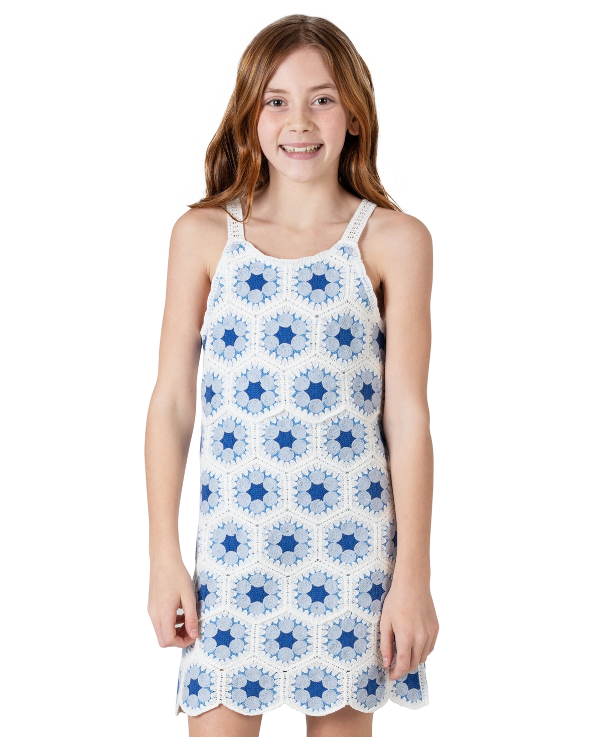 Shop Rare Editions Big Girls Crochet Textile Pattern Dress In Blue