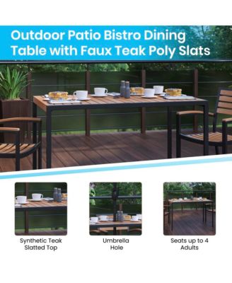 Outdoor Powder Coated Steel Dining Table With Faux Teak Poly Slat Top, 9' Patio Umbrella And Base