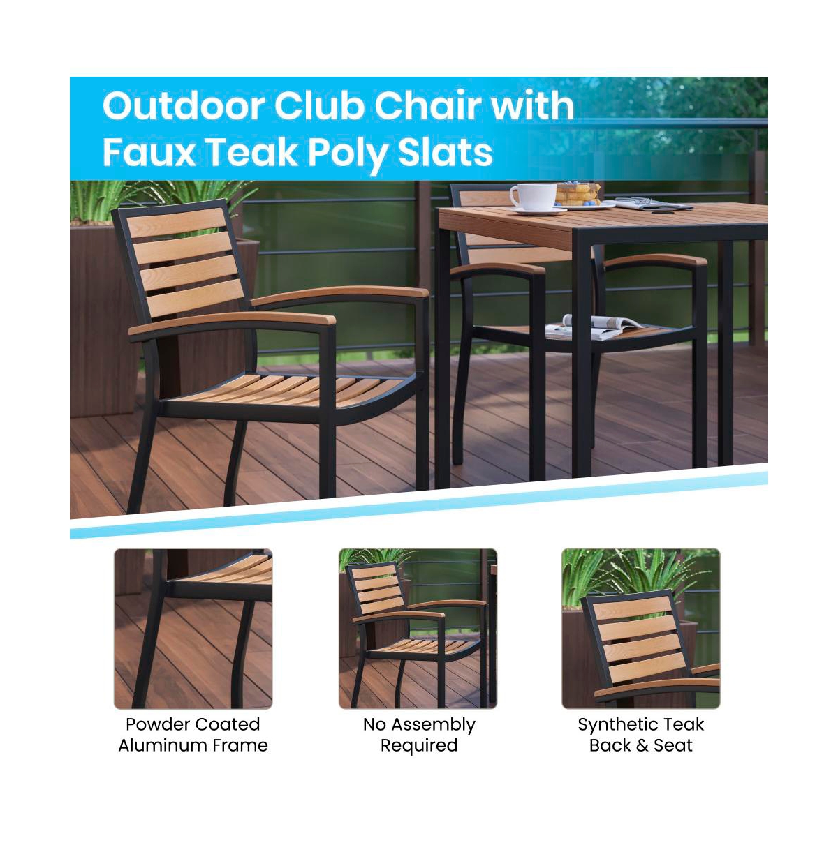 Chara 5 Piece Outdoor Synthetic Teak Poly Slat Table & Chairs Set - Steel Framed Table With Umbrella Hole & 4 Club Chairs