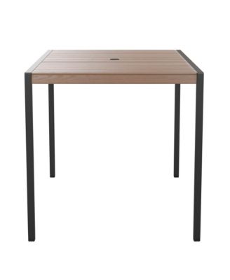 Outdoor Powder Coated Steel Dining Table With Faux Teak Poly Slat Top, 9' Patio Umbrella And Base