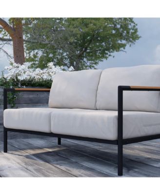 Eastport Outdoor Loveseat With Removable Plush Fabric Cushions And Teak Accented Aluminum Frame
