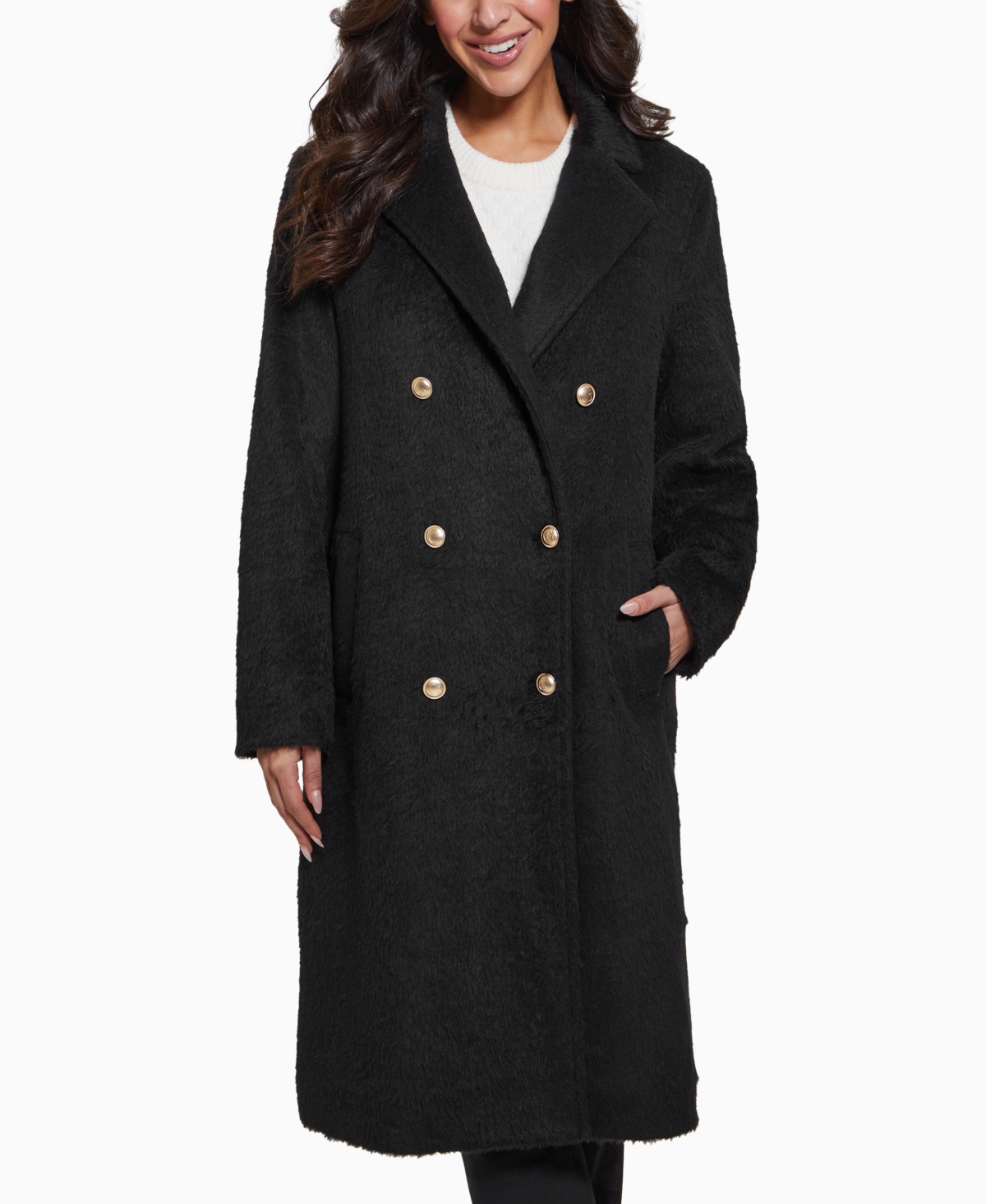 Guess Women's Textured Double-breasted Notched-collar Coat In Jet Black
