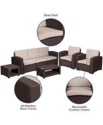 Errol 5 Piece Faux Rattan Patio Set - 2 Chairs And Sofa With Removable Cushions, Coffee Table And End Table