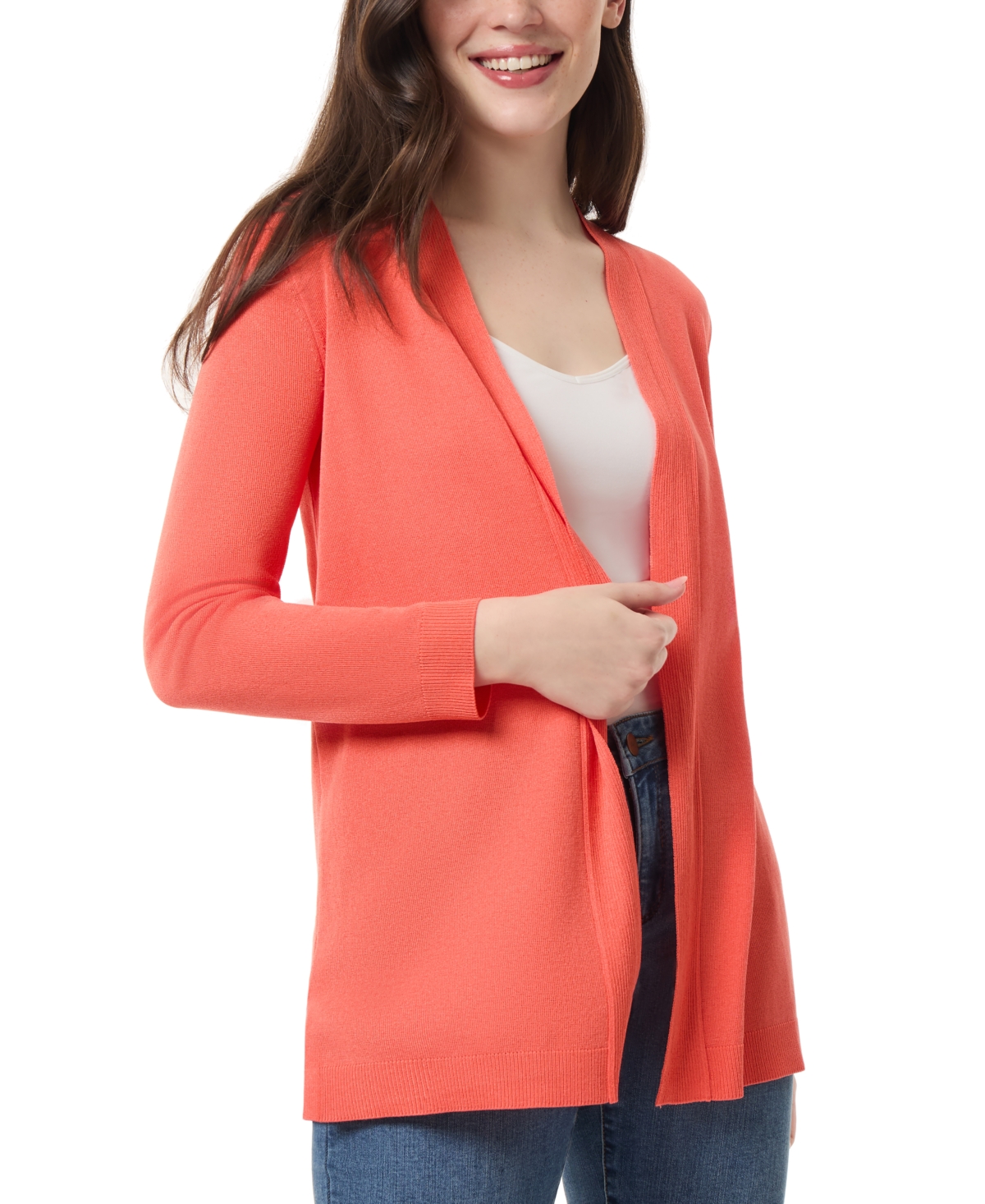 Petite Long Sleeve Open Front Cardigan - Coral Sun