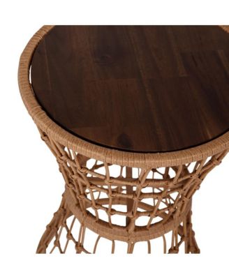 Ari All-Weather Faux Rattan Rope Patio Table With Acacia Wood Top For Indoor And Outdoor Use