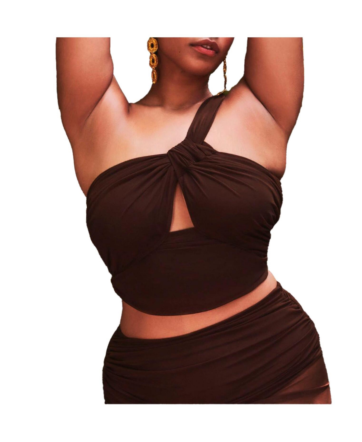 Plus Size One Shoulder Ruched Tankini Top - Chocolate fondant