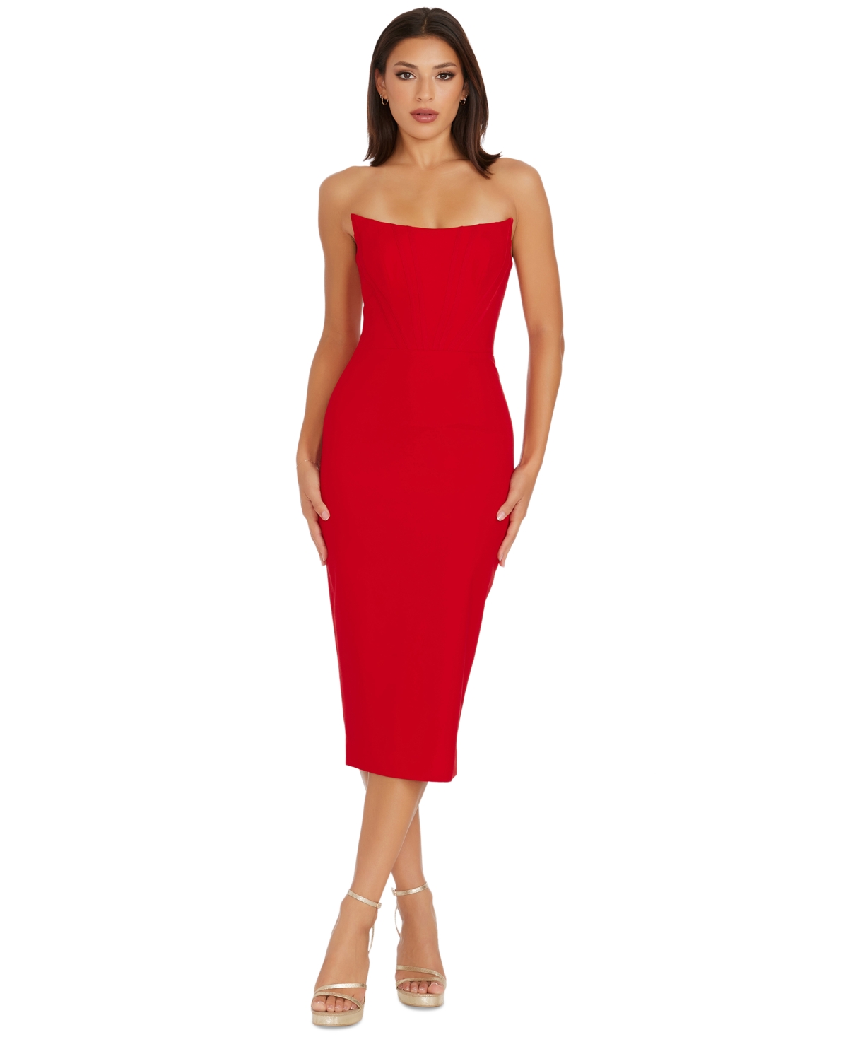 Shop Dress The Population Women's Corset Strapless Midi Dress In Rouge