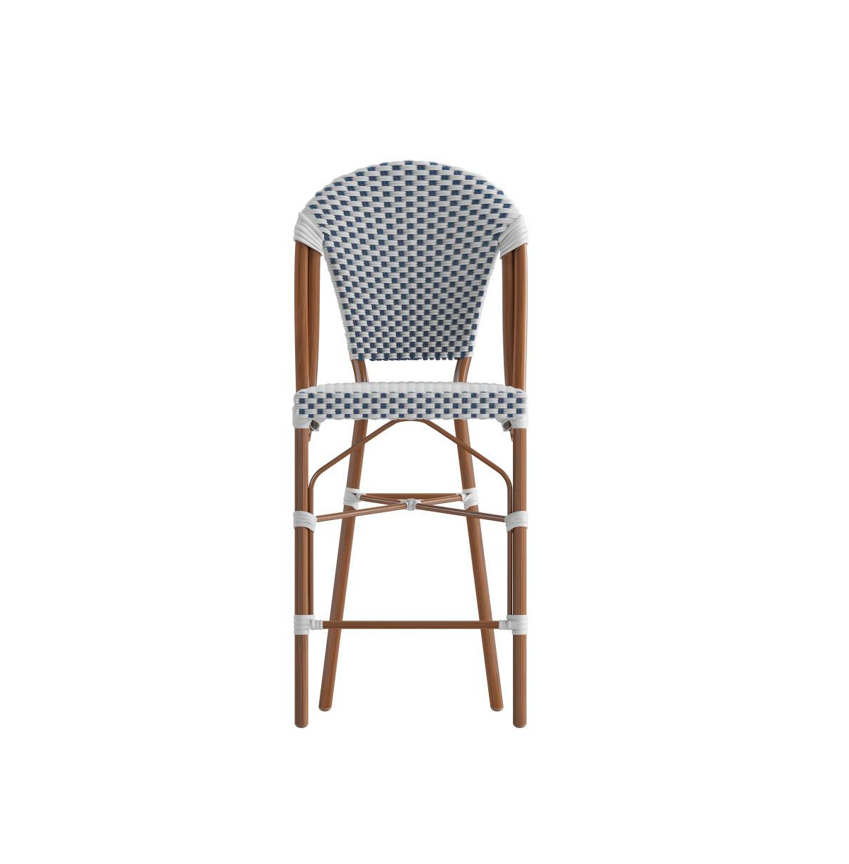 Merrick Lane Celia Set Of Two Indoor/Outdoor Stacking Bistro Counter Stools With White And Gray Patterned Seats And Backs & Bamboo Finished Metal Fram