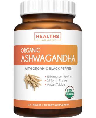USDA Organic Ashwagandha Tablets, Natural Adrenal Support, Cortisol & Thyroid Support, Immune Support, Health's Harmony, 120ct