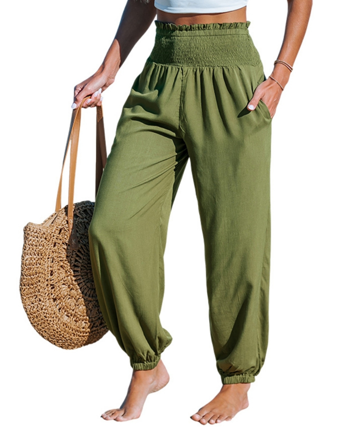 Women's Green Smocked Waist Tapered Leg Casual Pants - Green