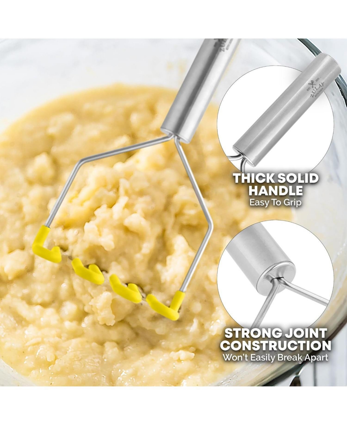 Zulay Kitchen Non-Scratch Potato Masher Kitchen Tool - Durable Stainless Steel Mashed Potatoes Masher