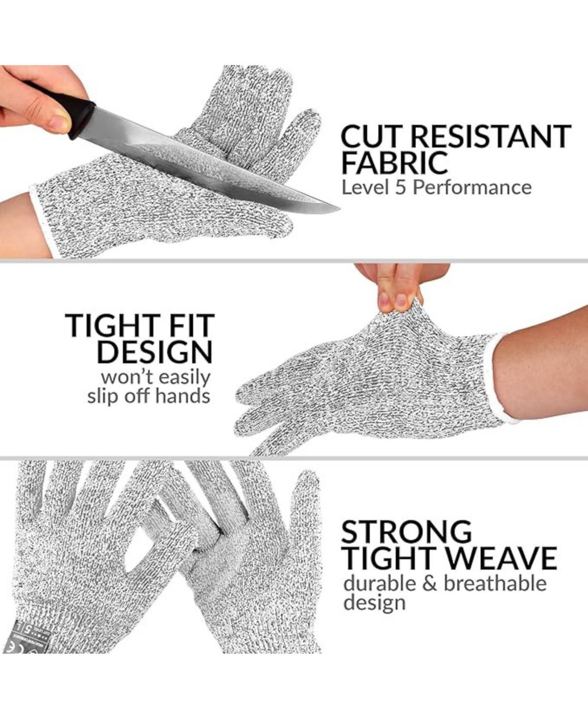 Zulay Kitchen Cut Resistant Gloves Food Grade Level 5 Protection - Comfortable Safety Cut Resistant Work Gloves - Large - Gray