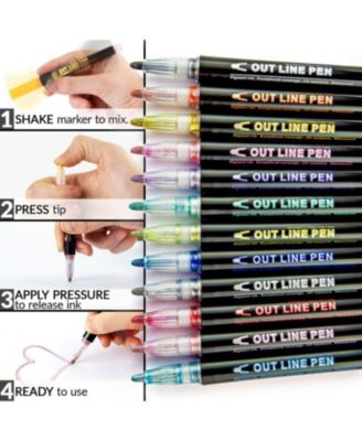 Double Line Outline Markers - 12 Dual Colored Outline Pens Self-Outline Metallic Markers