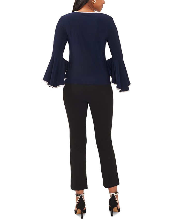 Semi-Sheer Ruffled V-Neck Bell-Sleeve Top