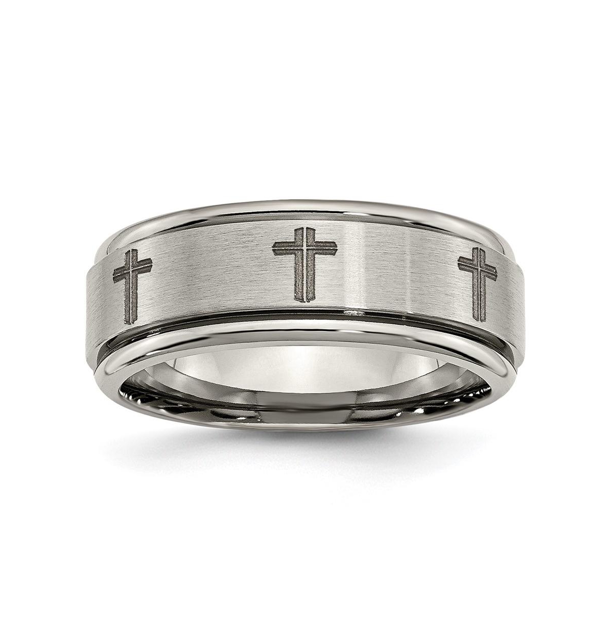 Titanium Brushed Cross Ridged Edge Wedding Band Ring - Grey