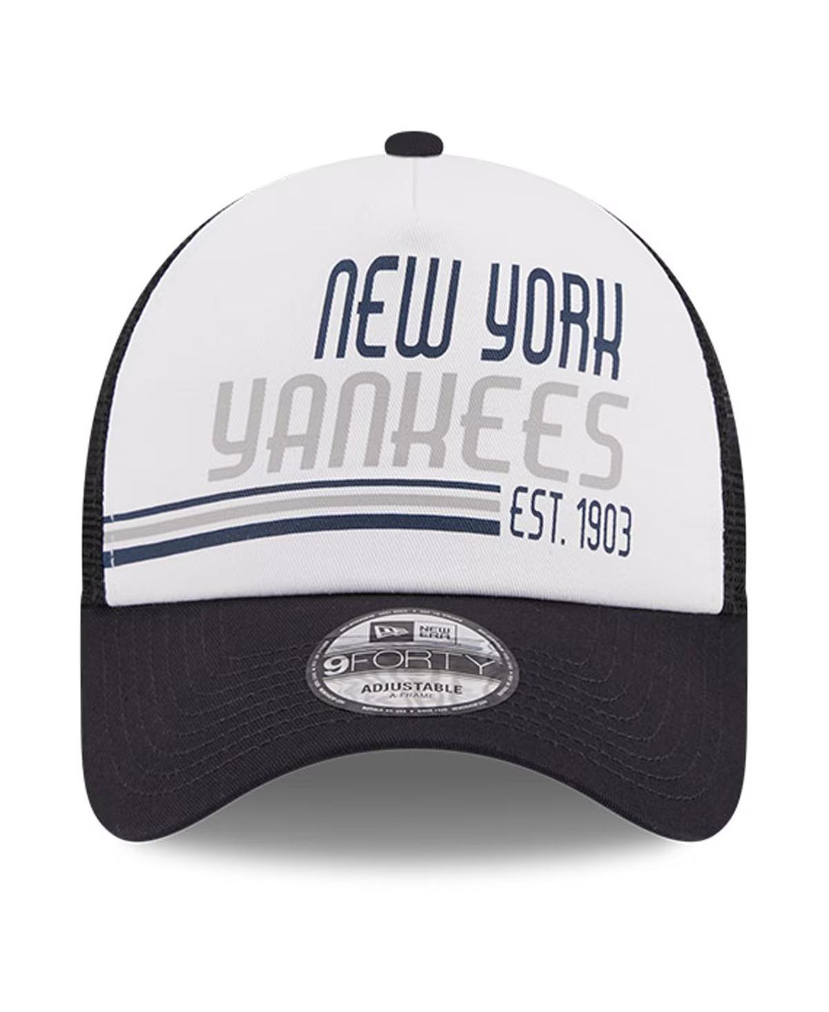 NEW ERA MEN'S WHITE/NAVY NEW YORK YANKEES STACKED A-FRAME TRUCKER 9FORTY ADJUSTABLE HAT 