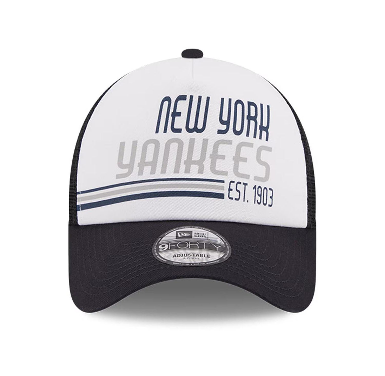 Men's White/Navy New York Yankees Stacked A-Frame Trucker 9Forty Adjustable Hat