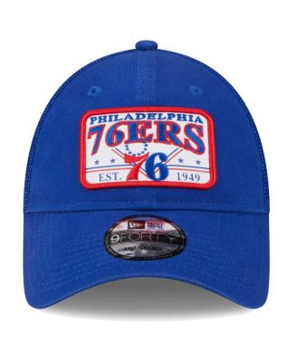 Men's Royal Philadelphia 76ers Plate Oversized Patch Trucker 9Forty Adjustable Hat
