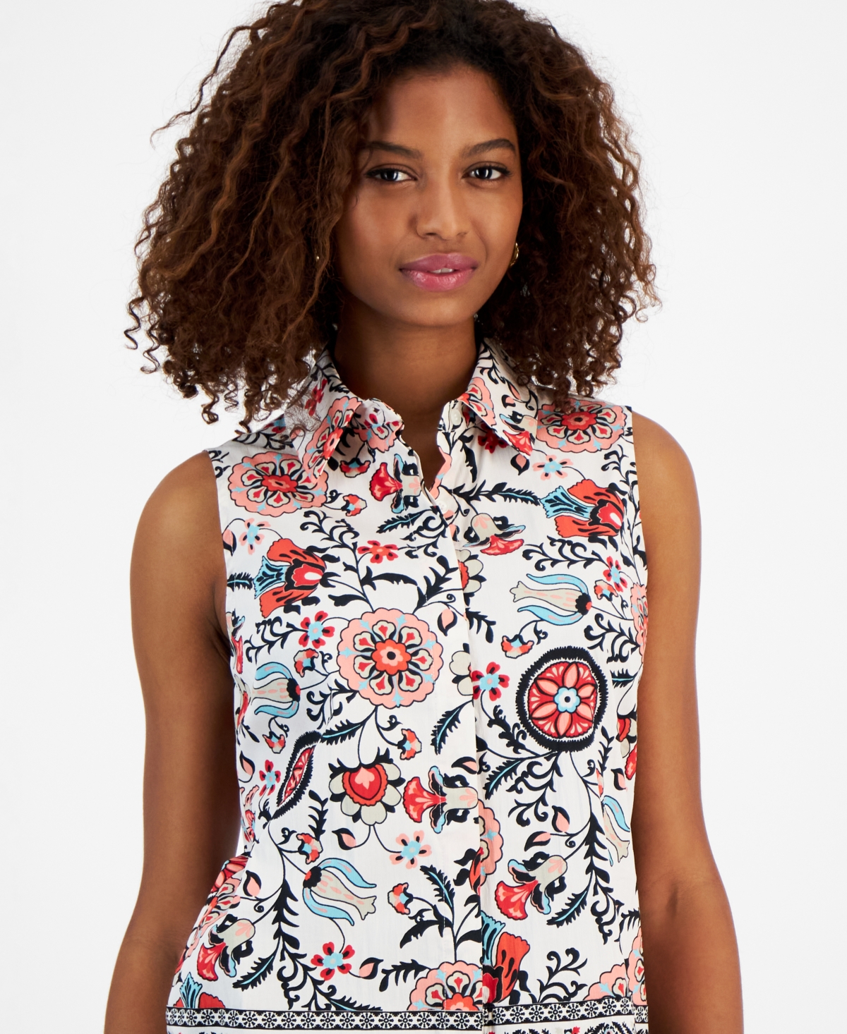 T Tahari Women's Printed Sleeveless Button-Front Top