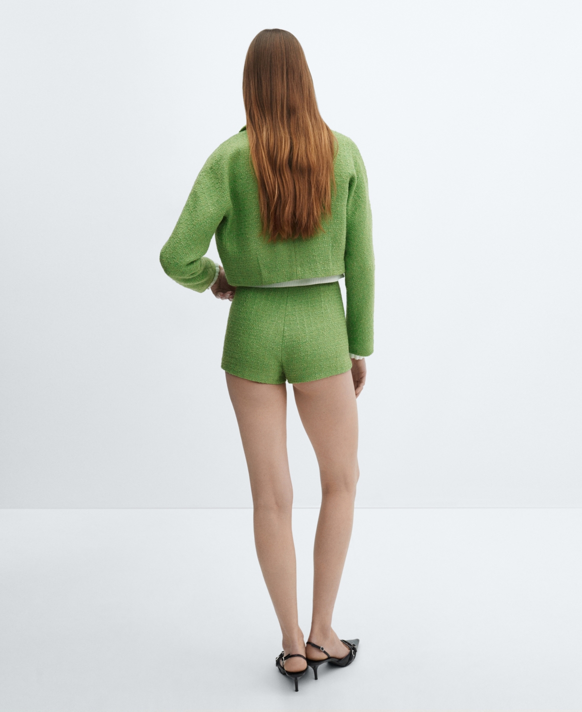 Mango Cropped Tweed Jacket With Pockets Green In Green