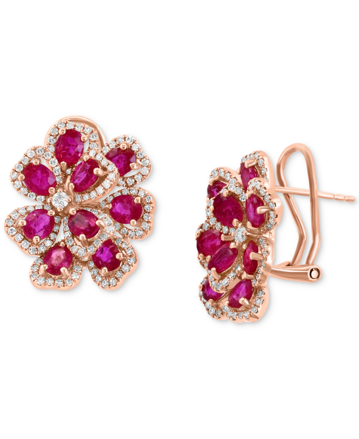 Effy Ruby (4-1/4 ct. t.w.) & Diamond (7/8 ct. t.w.) Flower Statement Earrings in 14k Rose Gold - Ruby