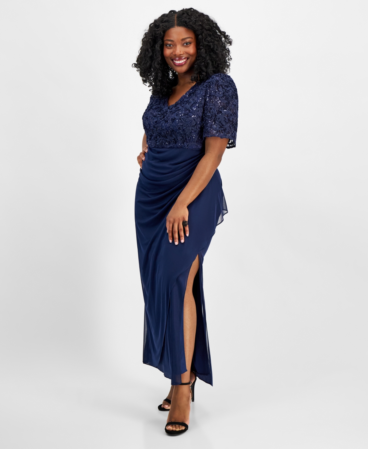 Alex Evenings Plus Size Soutache Embellished Short-sleeve Gown In Navy