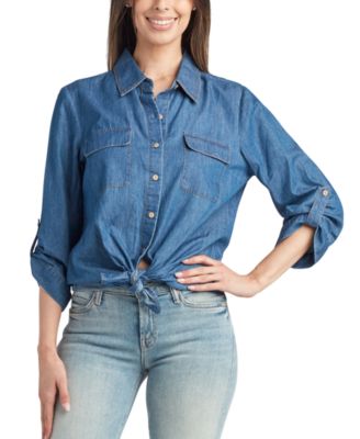BCX - Juniors' Cotton Washed Denim Button-Front Shirt