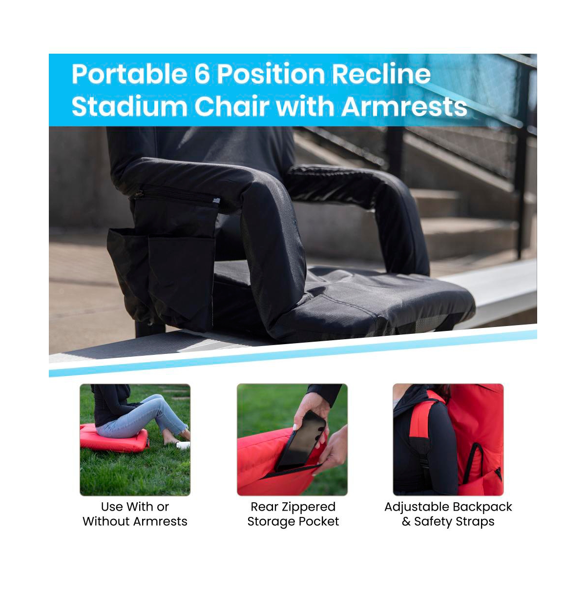 Portable Stadium Chair With Armrests, Reclining Padded Back & Seat, Lightweight Metal Frame & Backpack Straps, Storage Pockets