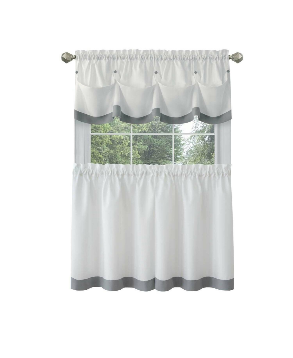 Mystic Seaport Watercolor Rod Pocket Complete 3 Piece Cafe Kitchen Curtain Tier & Valance Set - Spice - Gray