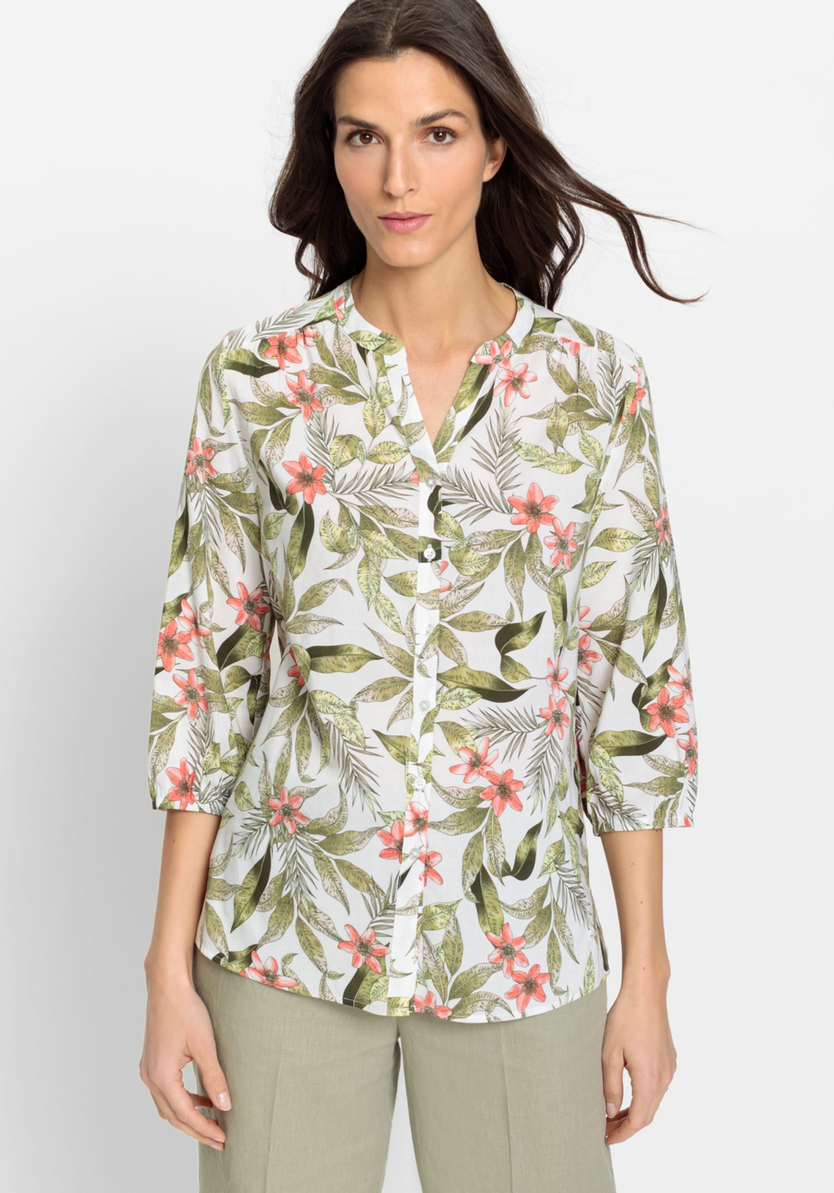 Women's 3/4 Cotton Viscose Tropic Jungle Print Tunic Shirt - Light khaki