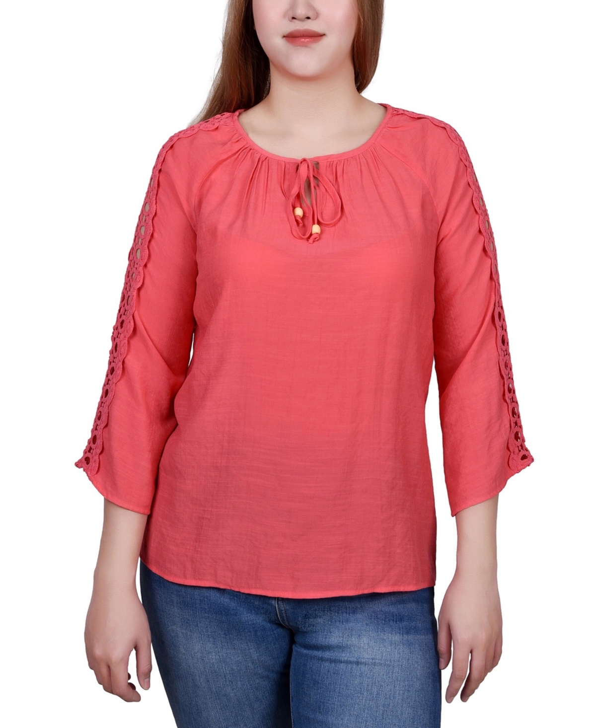 Ny Collection Petite 3/4 Sleeve Tunic With Crochet And Tie Neck In Blue